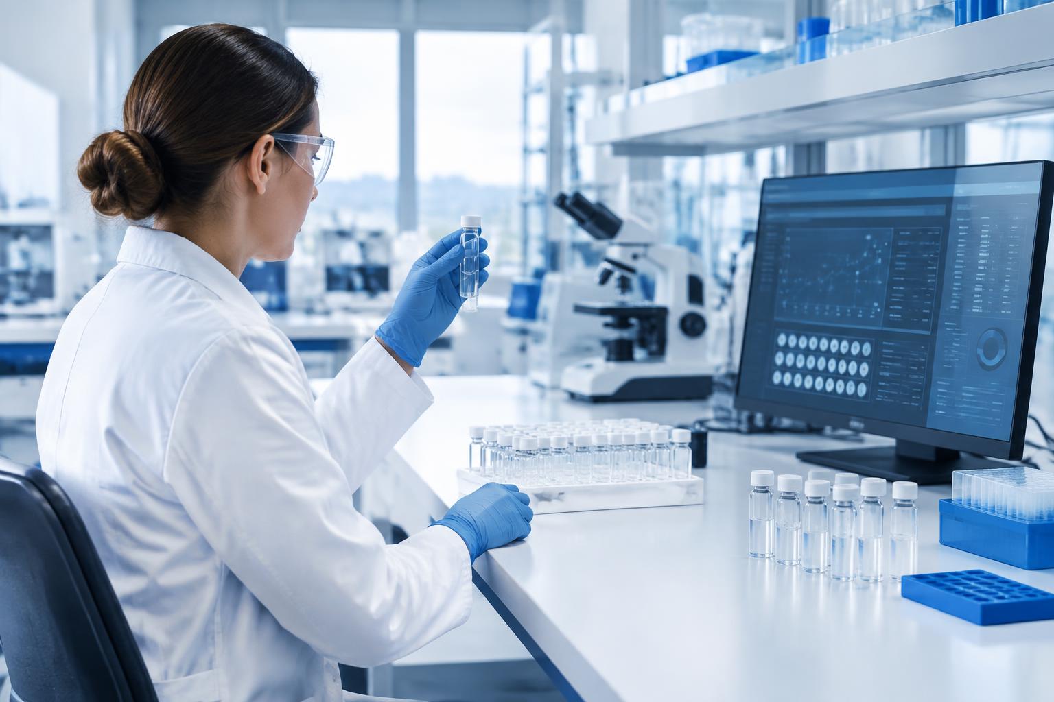 Quality specialist reviewing unlabeled laboratory samples
