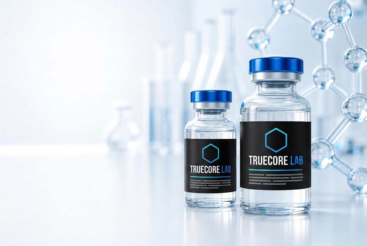 Two TrueCore Lab research vials with blue caps on a bright laboratory surface